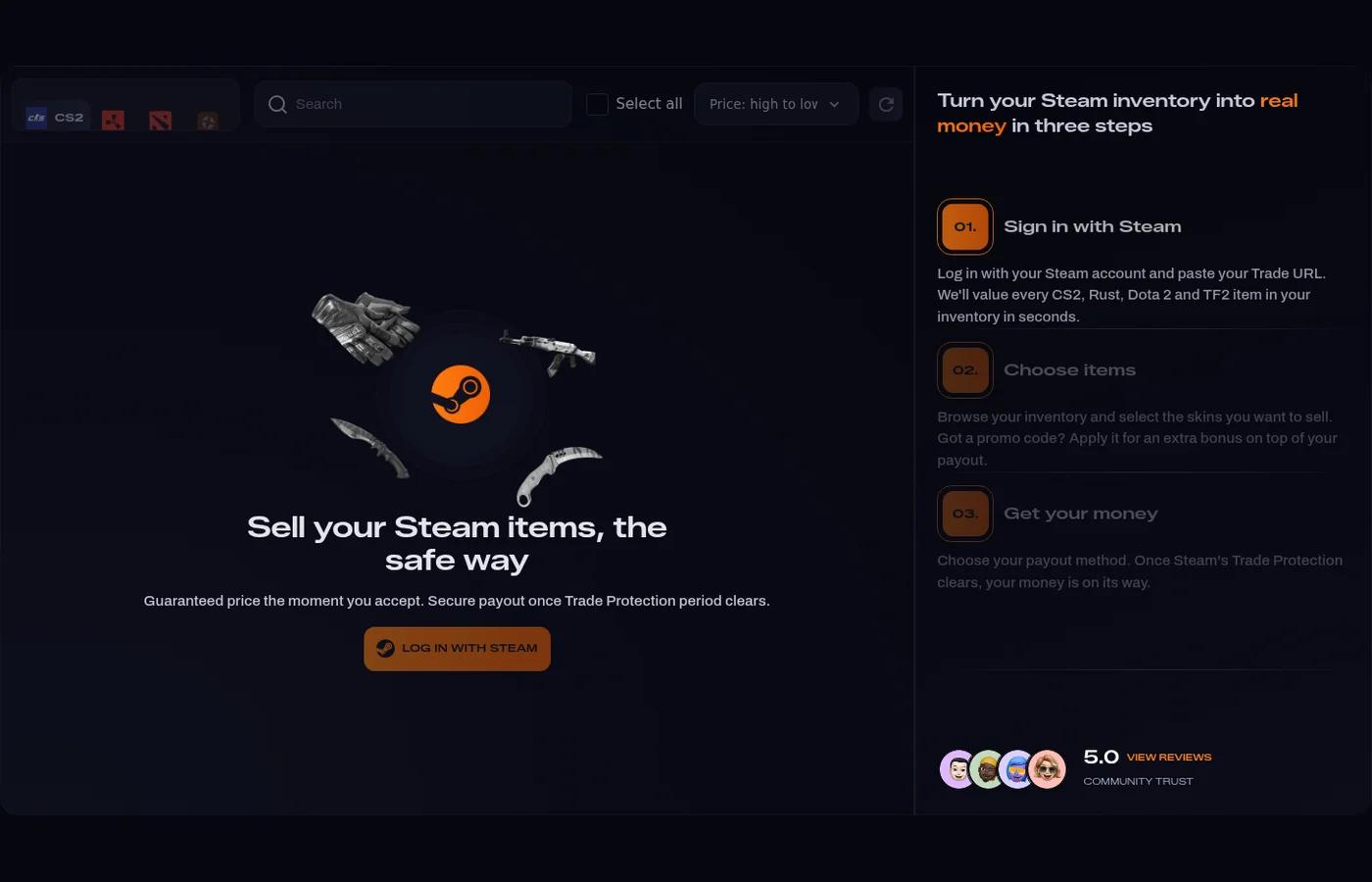Strona sprzedaży SellYourSkins przed zalogowaniem