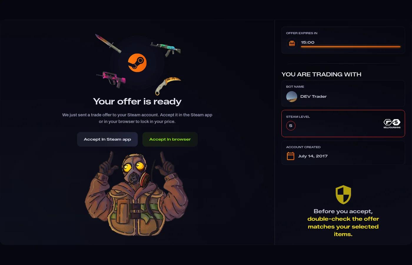 Instrukcje dotyczące oferty wymiany w wersji demonstracyjnej SellYourSkins