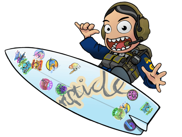 Kolekcja naklejek ze sklepu surferskiego operacji Riptide
